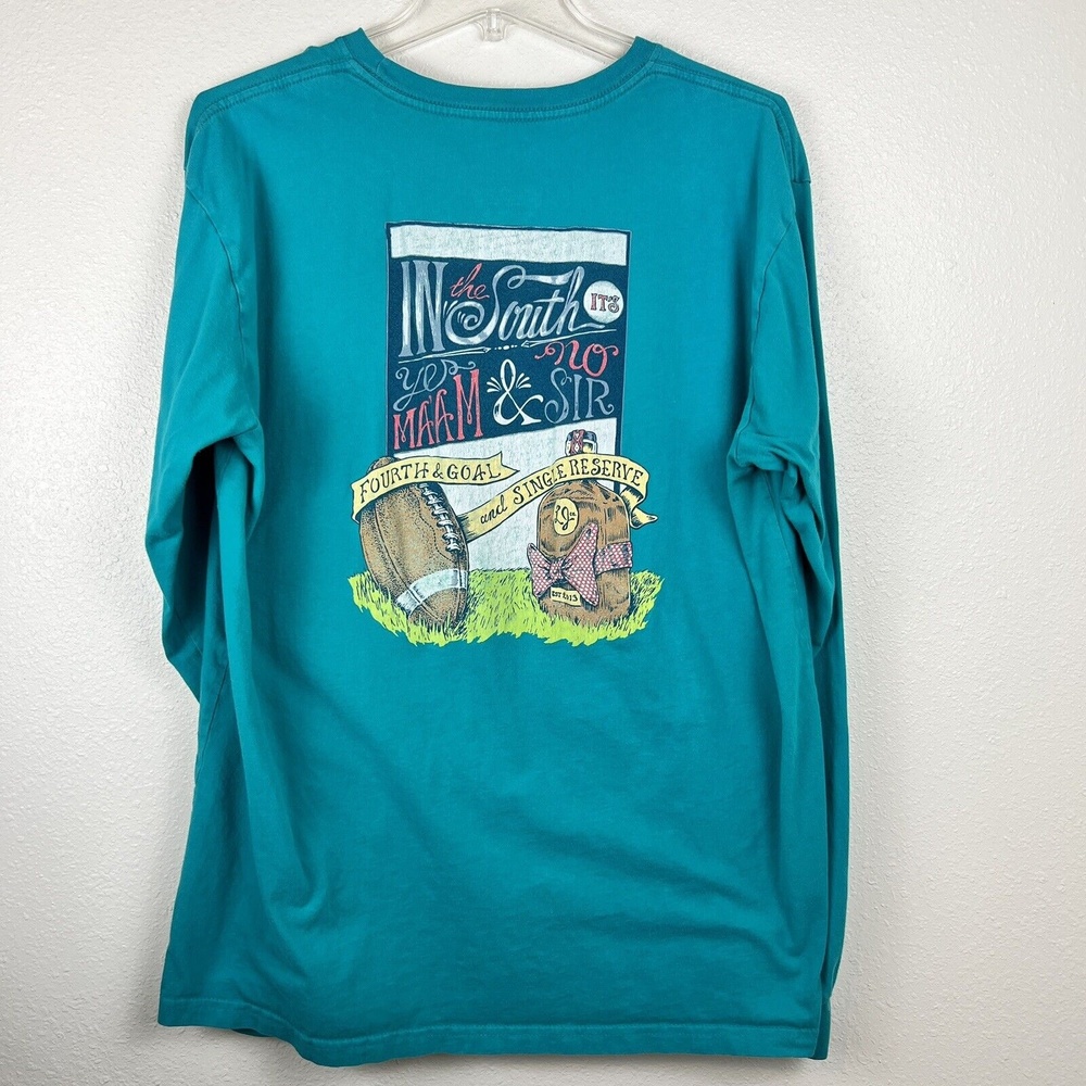 Laura James Large Long Sleeve Turquoise Graphic Tee Southern Comforts Football